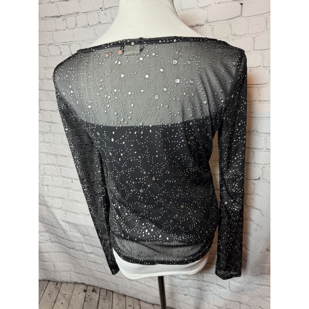 Rave City Y2K Whimsy Grunge Goth Party Sheer Black Long Sleeve Mesh Top L - Picture 6 of 10